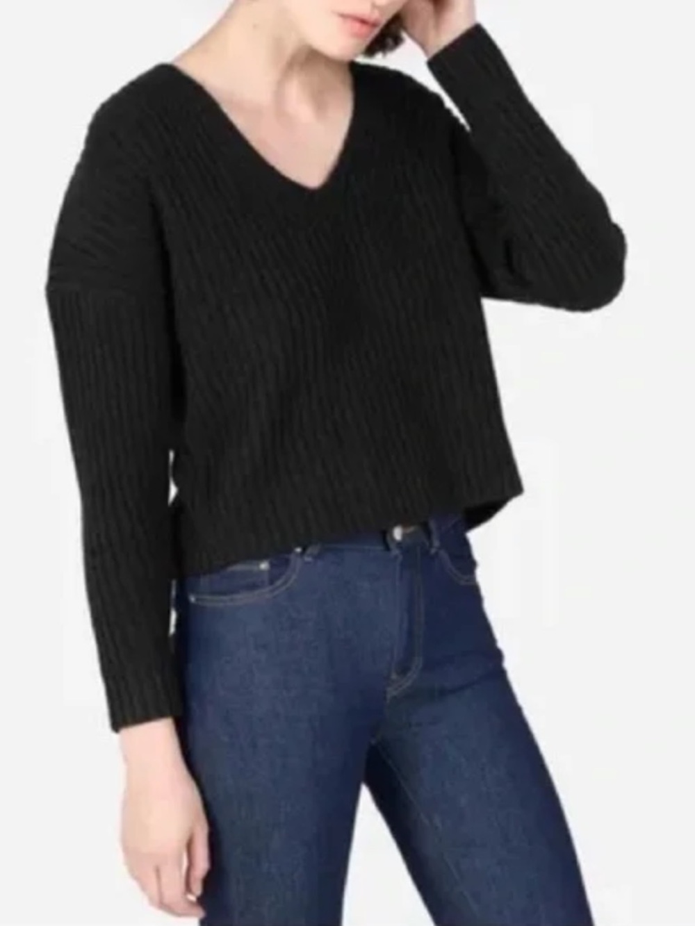 EUC Everlane 100% Cashmere Ribbed V-Neck Cropped Sweater in Cream, S - Picture 7 of 16